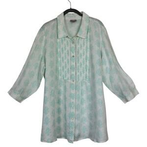 J Jill Linen Top Women 1X Plus White Green Floral Pleated Tunic Boho Lagenlook